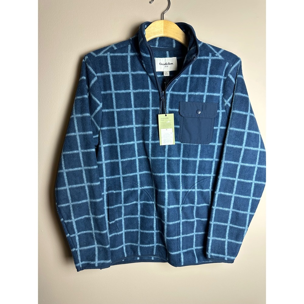 Goodfellow & Co Mens Blue Windowpane Check Quarter Zip Fleece Pullover Jacket S